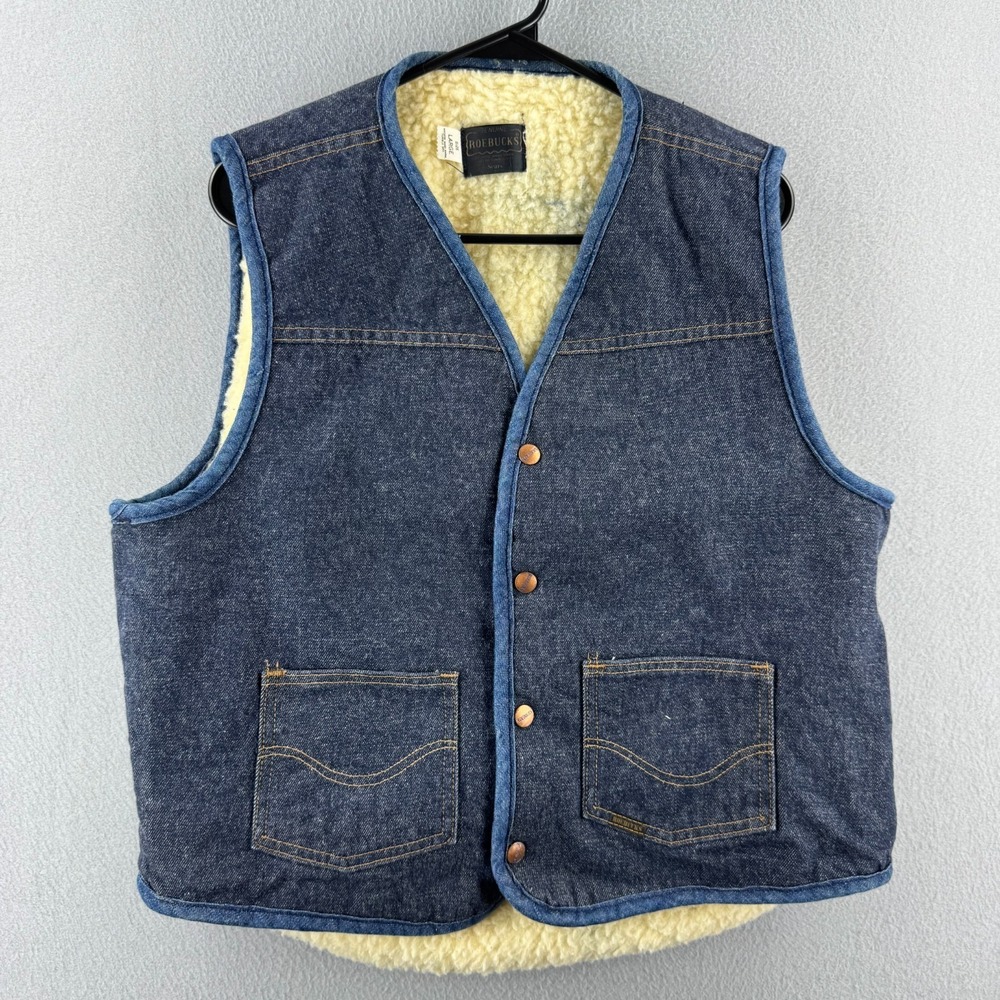 Vintage Sears Roebucks Denim Sherpa Lined Vest Mens Large 70s Union Made in USA